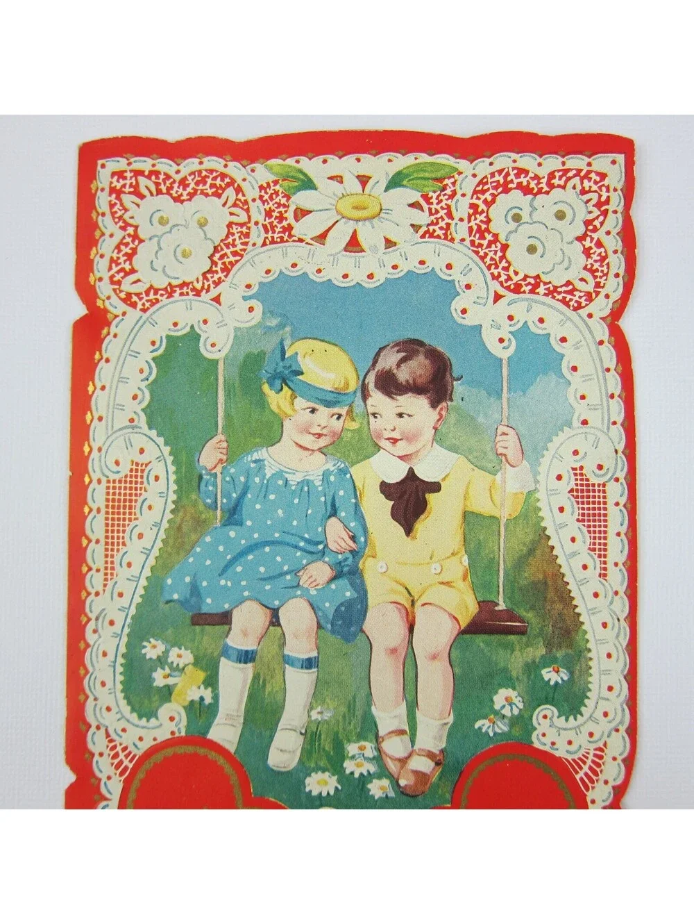 Antique Valentine Blonde Girl Blue Dress Boy Swing Daisy Flowers Die cut Bifold